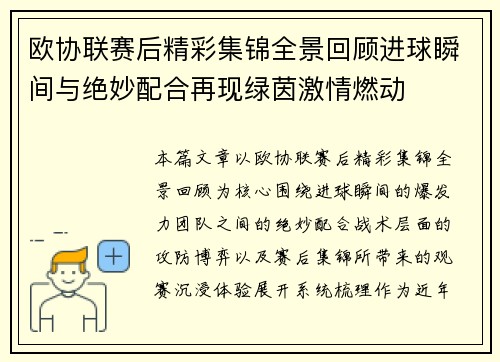 欧协联赛后精彩集锦全景回顾进球瞬间与绝妙配合再现绿茵激情燃动