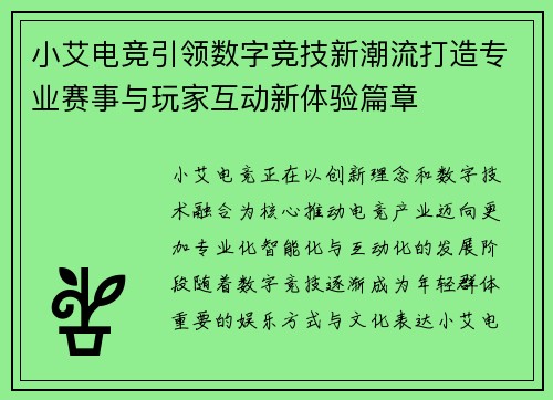 小艾电竞引领数字竞技新潮流打造专业赛事与玩家互动新体验篇章